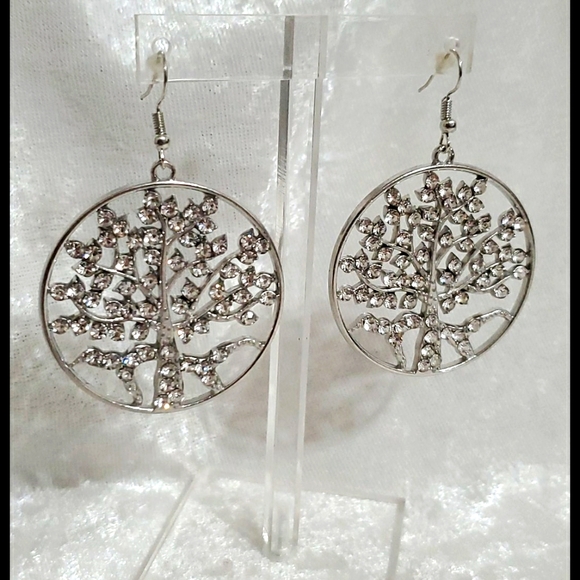 TREE OF LIFE design silvertone clear rhinestone leaves branches pierced earrings - Picture 2 of 4